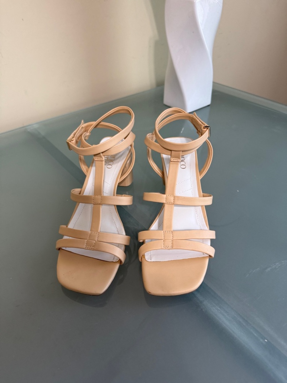 Franco Sarto Nude/Tan Strappy Block Heeled Sandals Size 8